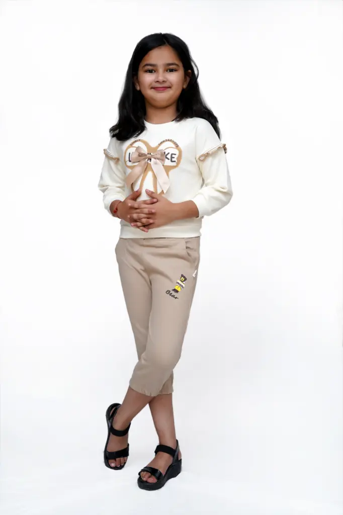 Girls’ Cream & Beige Bow Top with Printed Pants – Cute & Comfy Everyday Wear