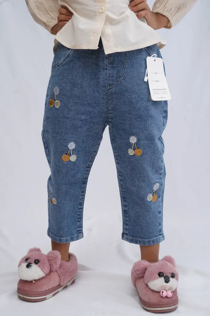 Cherry Embroidered Denim Jeans – Girls