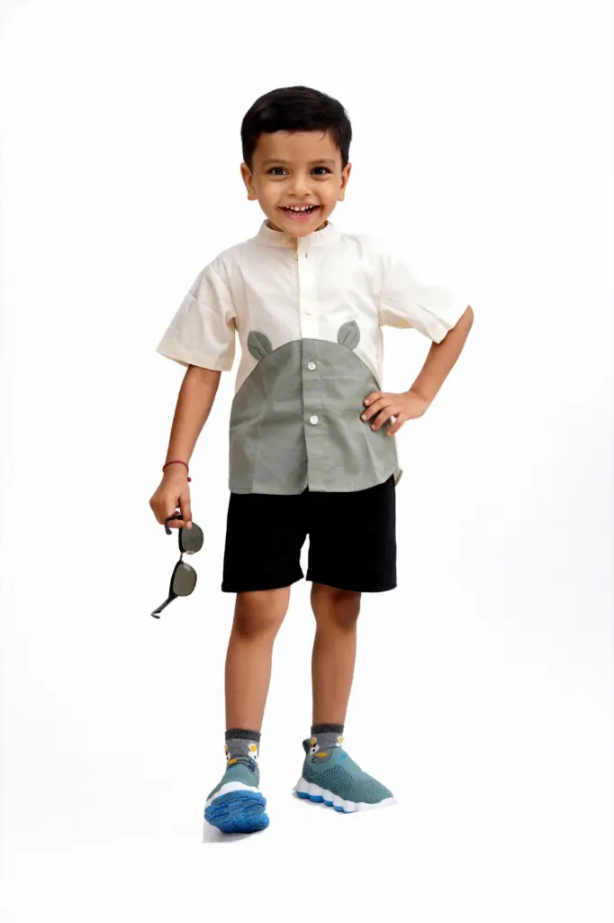 “Whiskers” Animal-Inspired Cotton Shirt with black shorts