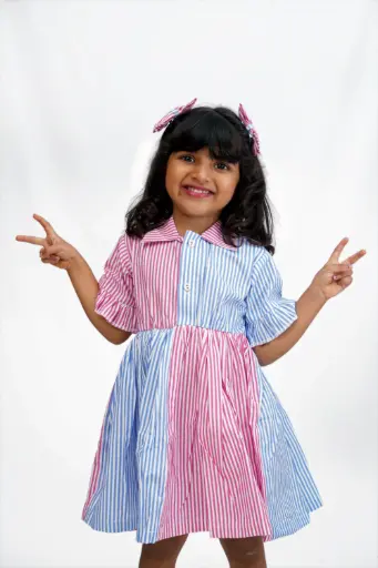 [J2] Striped Cotton Half-and-Half Dress for Girls