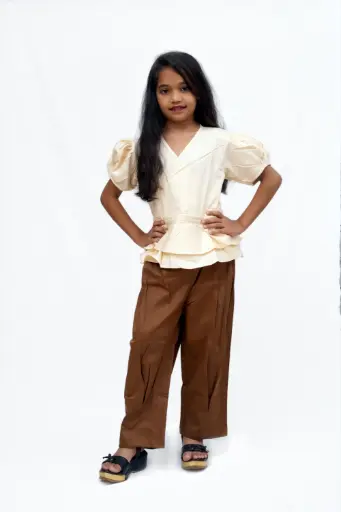 [J1] Elegant Puff Sleeve Top & Trousers Set