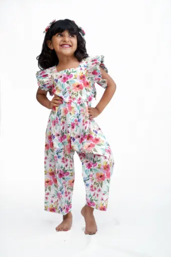 [J9] Floral Ruffle Jumpsuit – Girls’ Premium Cotton Outfit