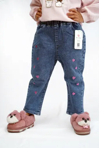 [C14] 💙 Girls’ Blue Heart Embroidered Denim Jeans
