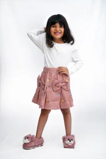 [C3] Ruffle Sleeve Top & Embroidered Bow Skirt Set