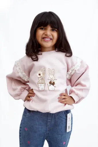 [C15] 🌸 Girls’ Pink Bunny Appliqué Sweatshirt