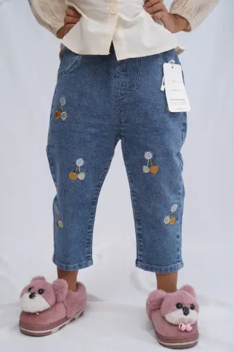 Cherry Embroidered Denim Jeans – Girls