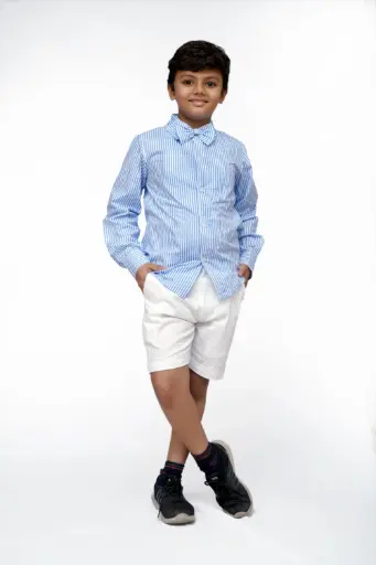 [J4] Classic Striped Shirt & White Shorts Set